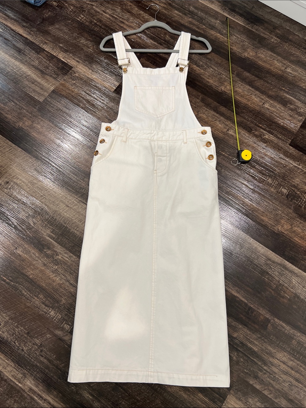 Cream Denim Overall Midi Skirt with Button Details